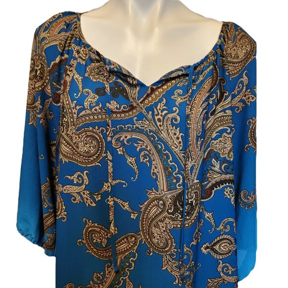 ❤️ 4/$20 Susan Graver top Women's 18W Teal tan paisley Keyhole tie 3/4 sleeve - Picture 2 of 13